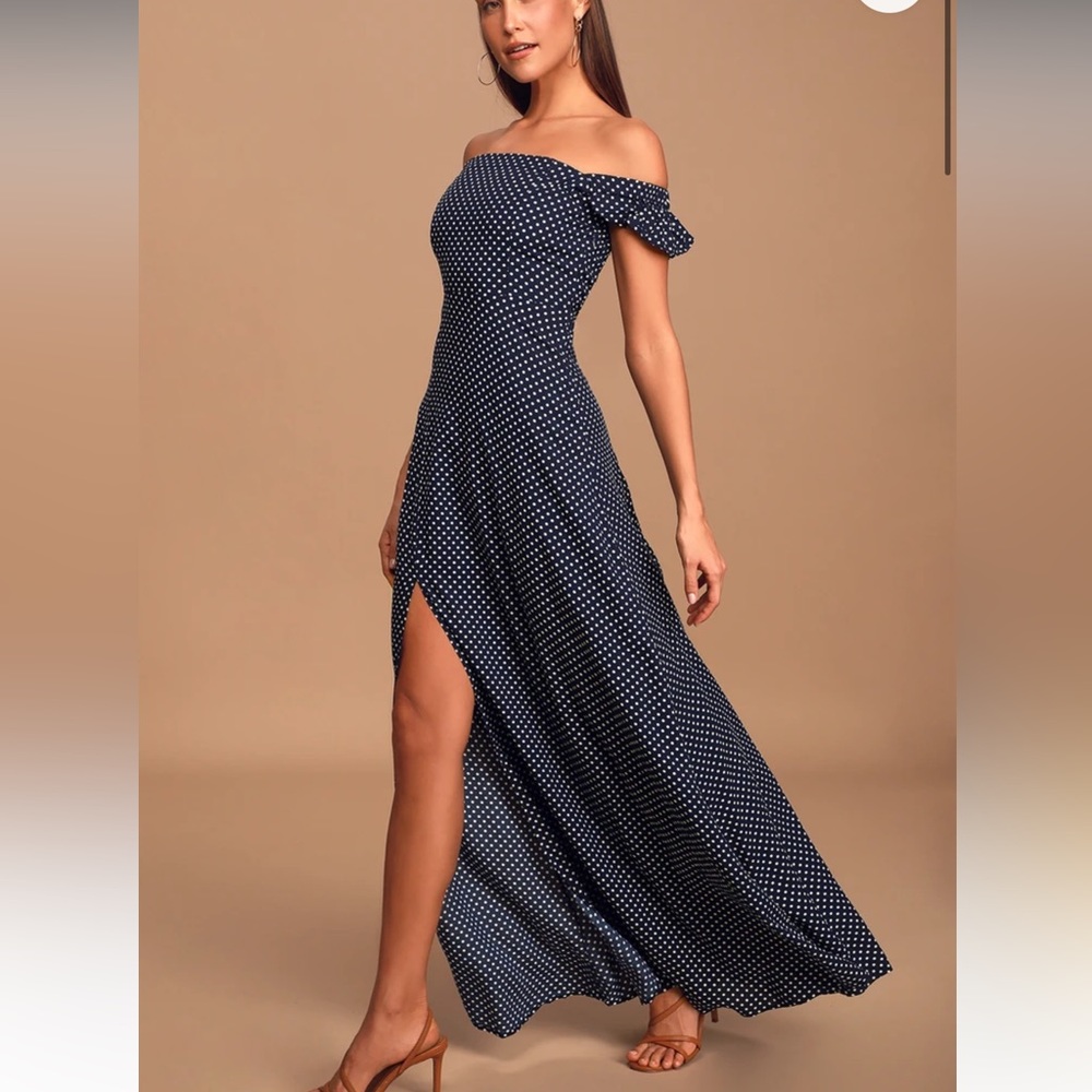Lulus Dream Love Navy Blue Polka Dot Off-the-Shoulder Maxi Dress
